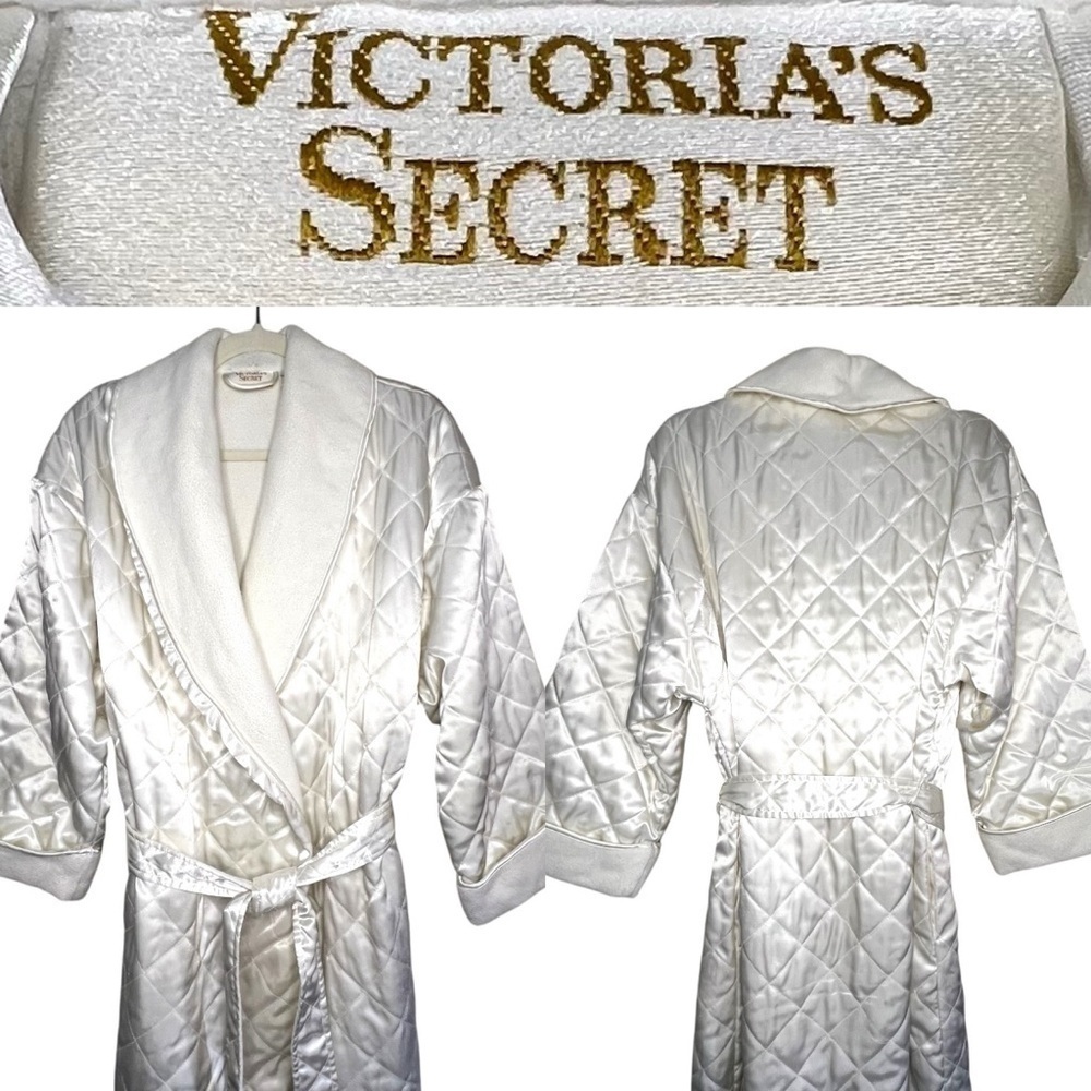 Vintage Victoria's Secret Gold Label Fleece Lined Satin Maxi Robe Cream Size S